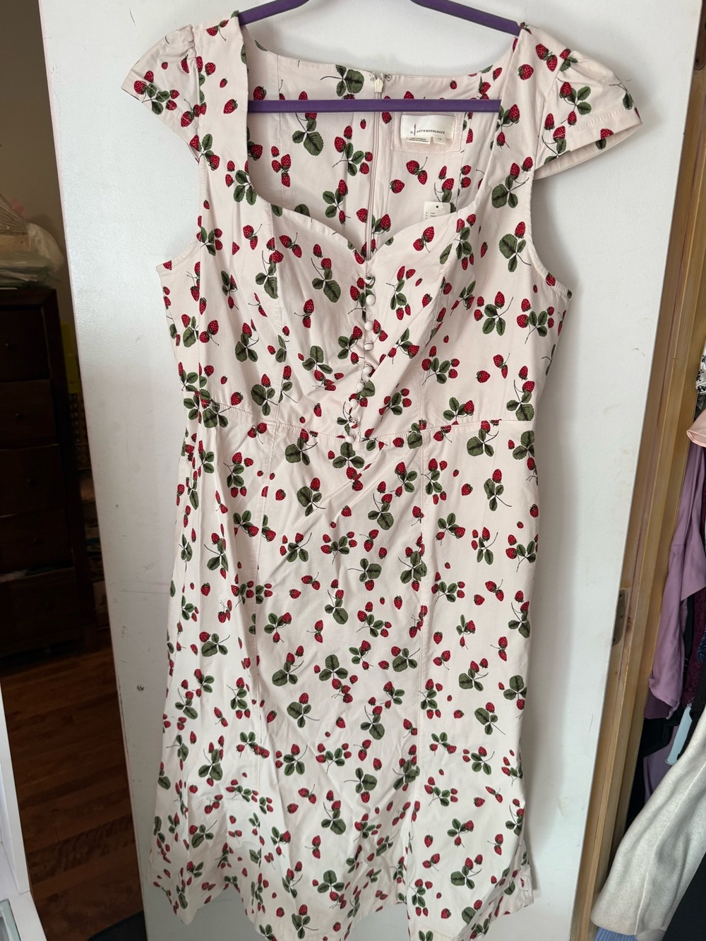 Anthropologie Cream Midi Dress with Strawberry Print